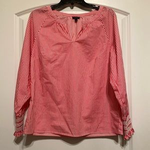 New TALBOTS Pink White Striped Blouse Top Shirt Popover Smocked Sleeve Vneck